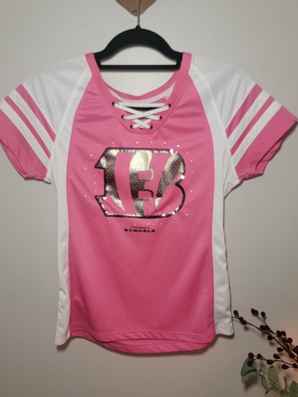 Majestic Pink and White Lace-Up Bengals Jersey Top Size S